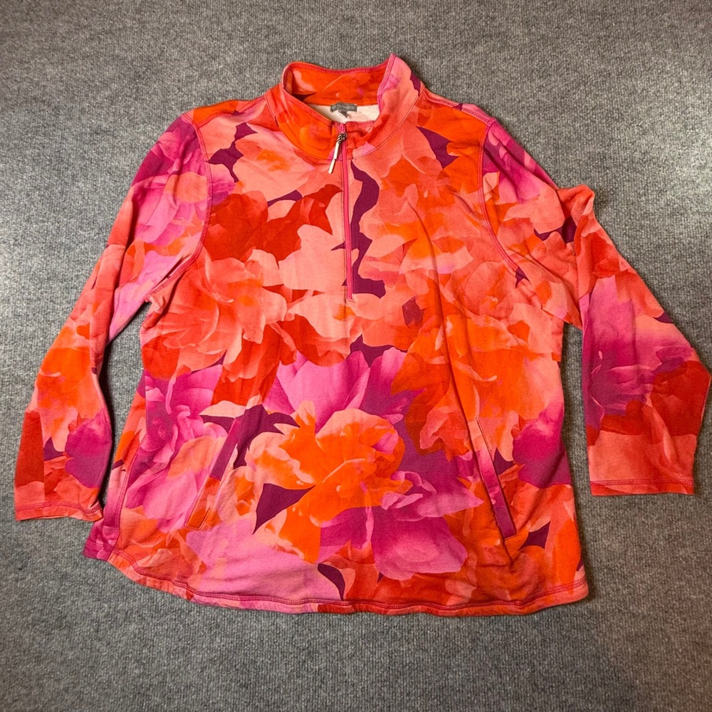 T by Talbots Womens 2X Floral Quarter Zip Pullover Orange Pink Pockets ID2726